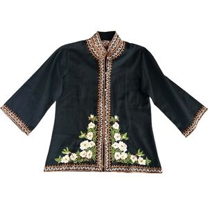 Flair vintage embroidery button down blouse mandarin collar black Sz S
